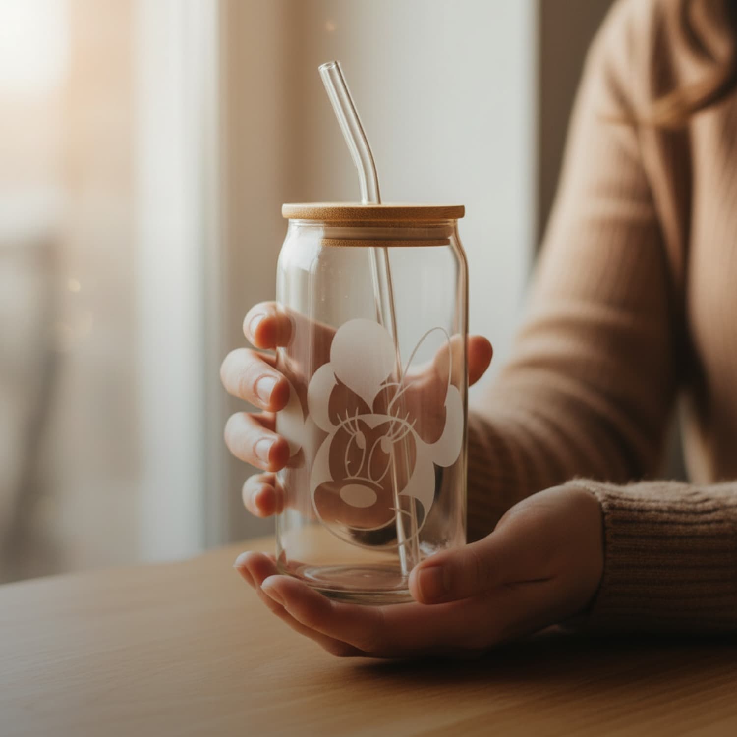 Vaso vidrio con tapa bamboo 600ml summer disney