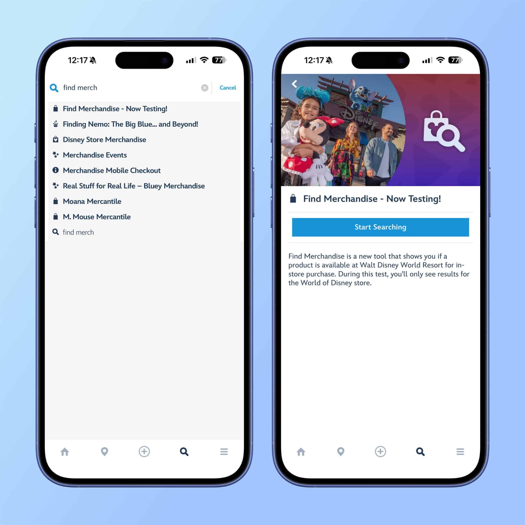 Pantalla de la app Disney mostrando la búsqueda de mercancía con Find Merchandise