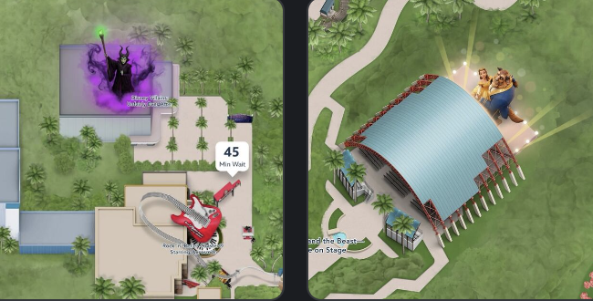 Mapa actualizado de Hollywood Studios en My Disney Experience con imágenes de personajes